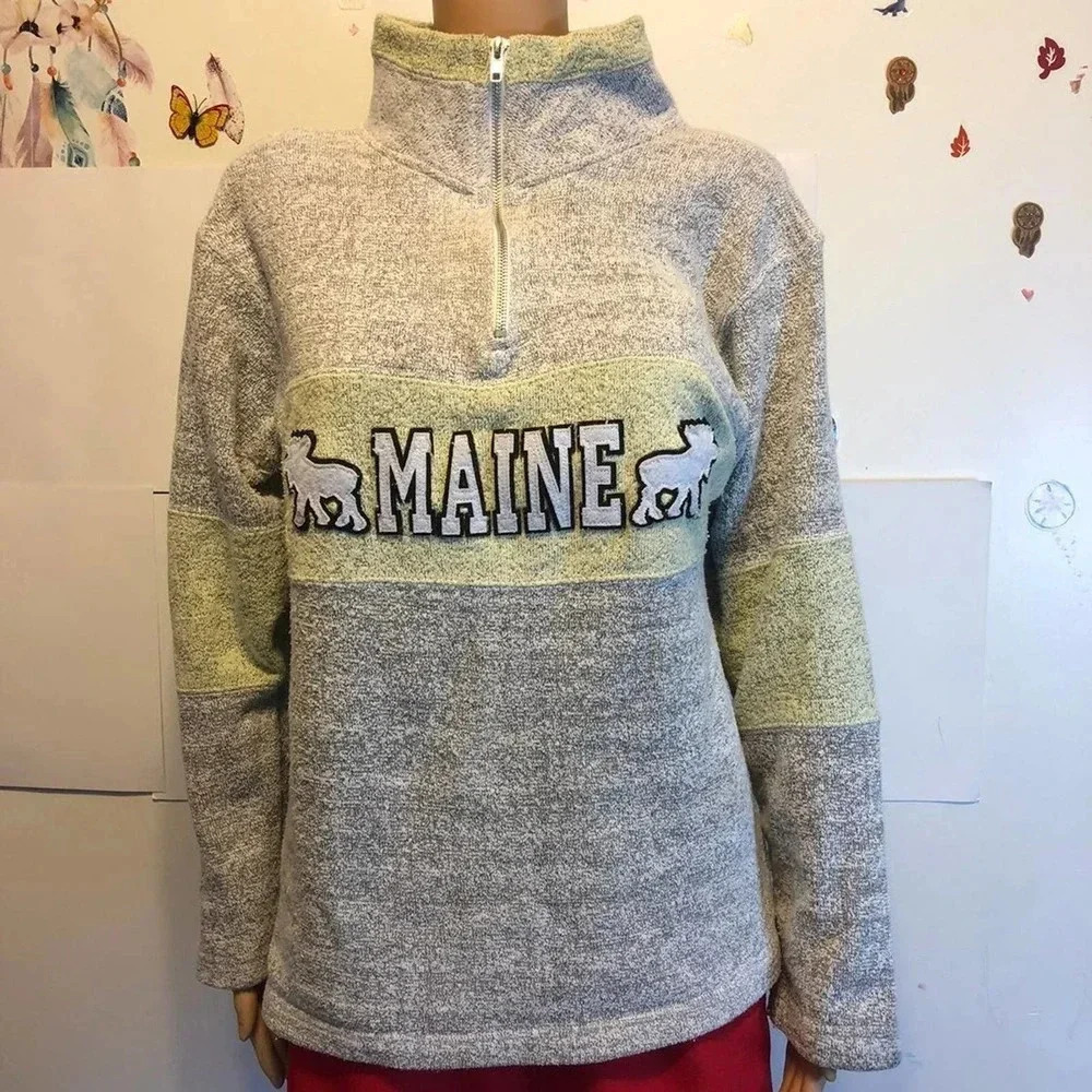 Vintage Y2K 2000 Maine State Women Sweater Size Small Gray 1/4 Zip